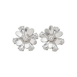 Elegant silver floral stud earrings with sparkling teardrop zircons on a clean white background.