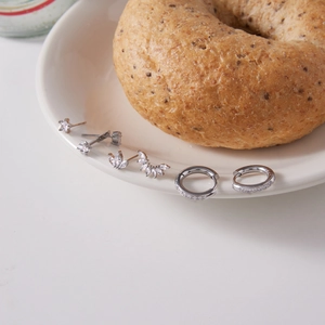 Detailed view of stainless steel zircon earrings arranged on a white ceramic plate