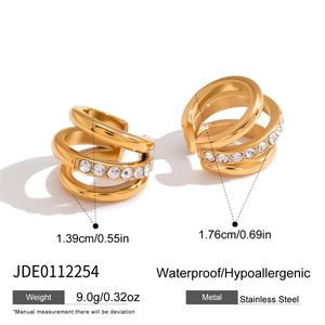 Detailed view of gold stainless steel clip-on earrings with size and weight info