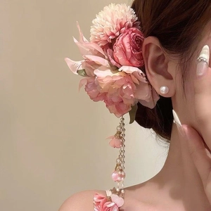 Pince à Cheveux Fleurie Élégante pour Femme Tissu Perle Artificielle Pompon Pince Latérale Accessoires de Cheveux Été Vacances Quotidien