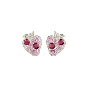 Elegant silver strawberry stud earrings featuring sparkling pink and ruby crystals
