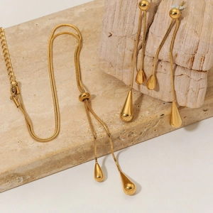 Close-up of elegant stainless steel waterdrop pendant necklace and earring set