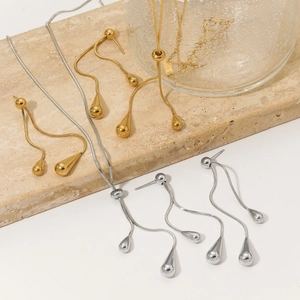 Detailed view of minimalist stainless steel water-drop necklace and earring set.
