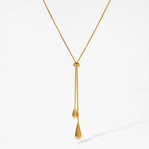 Fashionable minimalist gold stainless steel lariat necklace featuring waterdrop pendants