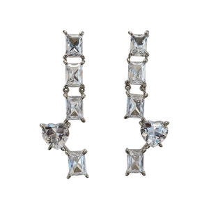 Elegant silver needle drop earrings with clear heart and square cubic zirconia stones