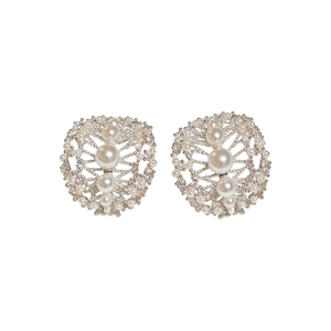 Elegant hollow oval stud earrings with graduated white pearls and sparkling cubic zirconia.