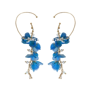 Elegant blue fabric flower and pearl ear cuffs with dainty gold-toned metal hooks