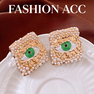 Pendientes de lujo dorados con perlas y rombo, diseño de ojo turco y esmalte para mujer