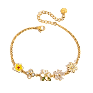 Sweet style stainless steel bracelet with diverse enamel floral charms and cubic zirconia
