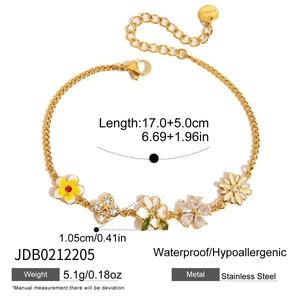Gold stainless steel flower charm bracelet with colorful crystals and adjustable chain