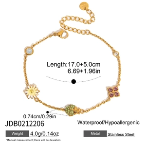 Macro view of stainless steel charm bracelet with length, weight and material specs