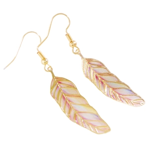 Detail view of iridescent feather earrings with gold finish and intricate textures