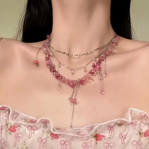 Multi-Layer Beaded Choker Necklace For Women Alloy Glass Bead Floral Clavicle Chain Sweet Stackable Neck Jewelry Romantic Gift