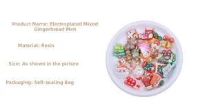 Macro shot of electroplated Christmas resin charms including gingerbread man and Santa