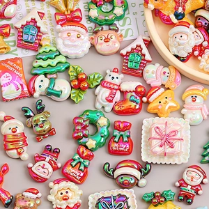 Christmas Resin Flatback Charms Mixed Gingerbread Man Santa Snowman Pearlescent Cabochons For DIY Crafts Jewelry Making Material
