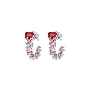 Sweet C-shaped hoop earrings with red and pink heart zircons and silver posts