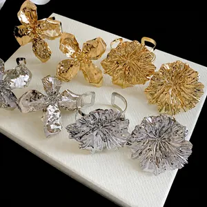 Chic oversized metal flower open bracelets in gold and silver finishes