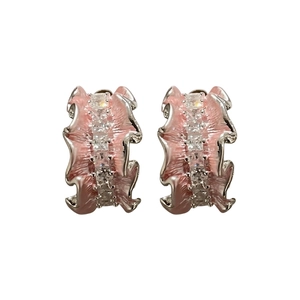 Elegant pink enamel pleated C-shaped stud earrings with rows of clear cubic zirconia stones