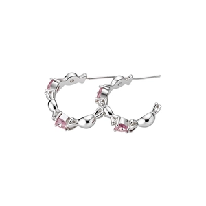 Elegant minimalist silver-toned C-shaped hoop earrings with sparkling pink zircons