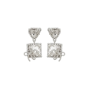 Elegant silver earrings with bow, heart, and square zircon crystal drop design for women