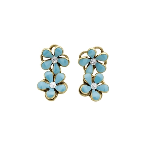 Elegant blue enamel double flower stud earrings with central crystal accents