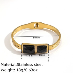 Detailed dimensions of gold stainless steel bangle with black square faceted stones