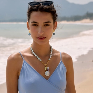 Detailed shot of a summer beach style ceramic shell necklace with blue beads on a model