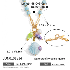 Detail view of colorful shell necklace with size, weight, and stainless steel material specs