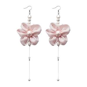 Elegant pink chiffon flower dangling earrings with pearls in sweet French style design.