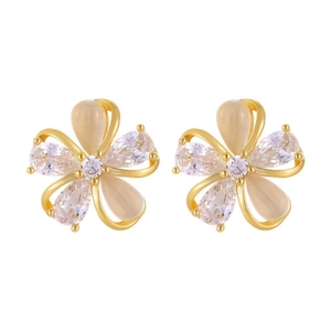 Elegant 18k gold plated flower stud earrings with clear zirconia and cat eye stones