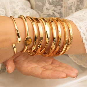 Vintage Roestvrij Staal C-Vormige Open Armring Voor Vrouwen 18K Verguld Tijgeroog Steen Geometrische Gedraaide Manchet Armband Sieraden Cadeau