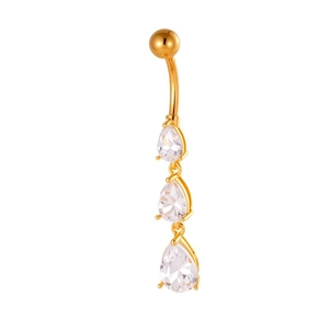 Gold belly button ring with three teardrop clear zircons and stainless steel curved bar
