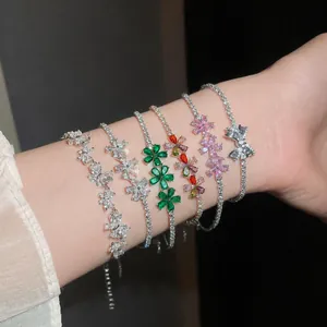 Pulsera de Flores de Cobre Chapado en Oro 18K Circonia de Lujo para Mujer Vintage Ajustable Bolo Link Chain Regalo Joyería Elegante