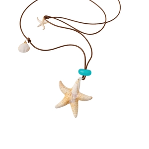 Bohemian starfish pendant necklace with shell charm and turquoise bead on brown cord.