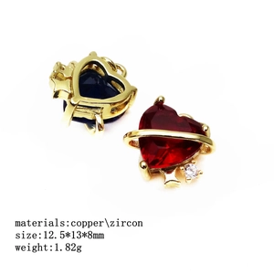 Gold-plated copper heart pendants with red and blue zircon crystals for jewelry making