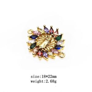 Détail du pendentif Vierge Marie 18x22mm avec zircons colorés et rayons dorés en relief