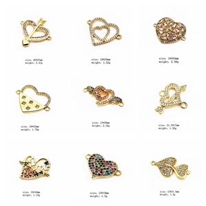Detailed view of nine gold-plated heart charms with micro-pave cubic zirconia and dimensions