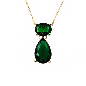 Gold chain necklace with stacked oval and pear-cut green emerald zircons in claw settings