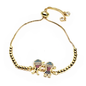 Detail of adjustable gold box chain bracelet with micro-pave boy and girl charms