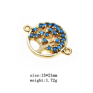 Dettaglio connettore Albero della Vita dorato con zirconi blu per gioielli DIY, 15x21mm