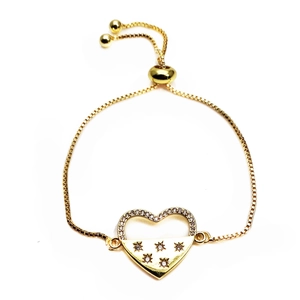 Detail of adjustable gold box chain bracelet with pavé zircon heart and star engraving
