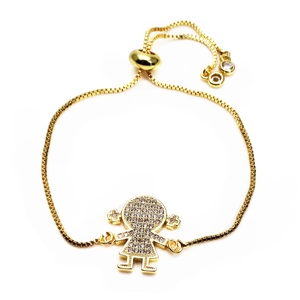 Detail of adjustable gold box chain bracelet with micro-paved zircon girl charm