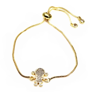 Macro view of adjustable gold box chain bracelet with micro-paved zircon girl pendant