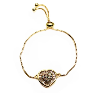 Detail of adjustable gold box chain with multi-color zircon heart pendant for women