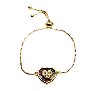 Adjustable gold heart bracelet with colorful gradient stones and micro-pave cubic zirconia