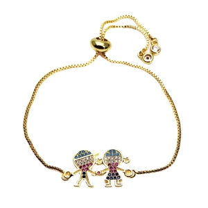 Adjustable gold box chain bracelet featuring micro-pave zircon boy and girl charms