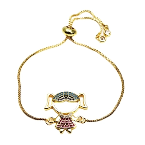Adjustable gold pull bracelet with cute girl pendant and colorful micro-set zircons
