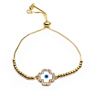 Detail of adjustable evil eye bracelet with micro-pave cubic zirconia and clover charm