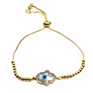 Detailed view of adjustable Hamsa Hand and Evil Eye bracelet with pavé zircon and mop