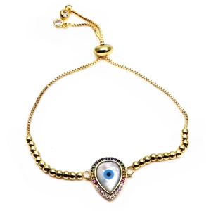 Macro shot of gold-plated evil eye bracelet with colorful zircons and adjustable bead chain